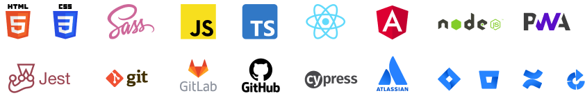 HTML5, CSS3 ,Saas, JS, TS, React, Angular, Node.js, PWA, Jest, git, GitLab, GitHub, Cypress, Atlassian